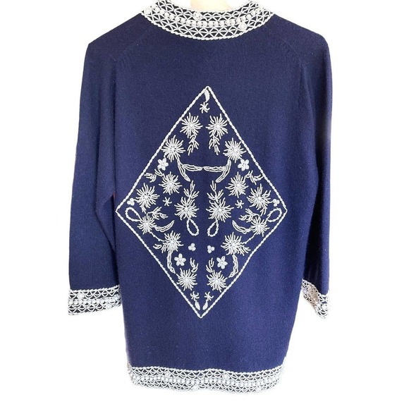 Vtg Elsie Tu Hong Kong 50s 60s Navy Blue Wool Beaded Cardigan Sweater Sz 38 - Picture 9 of 13
